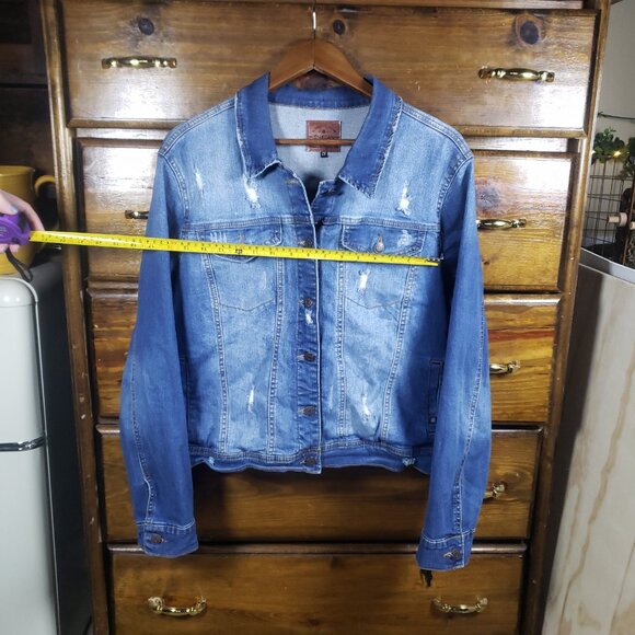Plus Size 2X Denim Jacket Button Up Blue Wash Y2K Grunge Indie Enjean Skater - Picture 5 of 8
